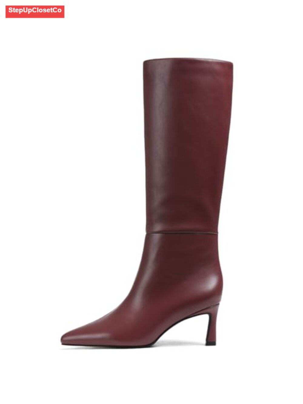 Knee High Boots Women Pointed Toe Kitten Heel Wide Calf Slip On Faux Leather